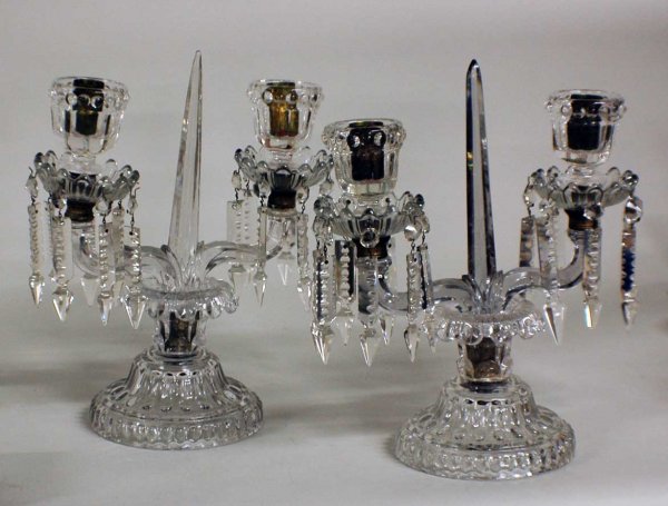 PAIR OF MOLDED GLASS TWO LIGHT CANDELABRA