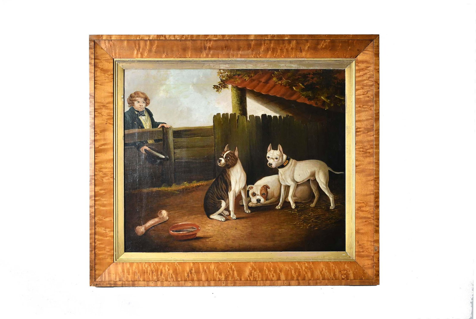 ENGLISH SCHOOL (19TH CENTURY) PAINTING: Scene with a Boy and Three Dogs. No visible signature. Oil on Canvas. 20 x 24 inches. In a period maple frame. Re-lined. Newer Stretchers. Minor In-painting. Overall measures 26.50 x 30.50 inches. Int
