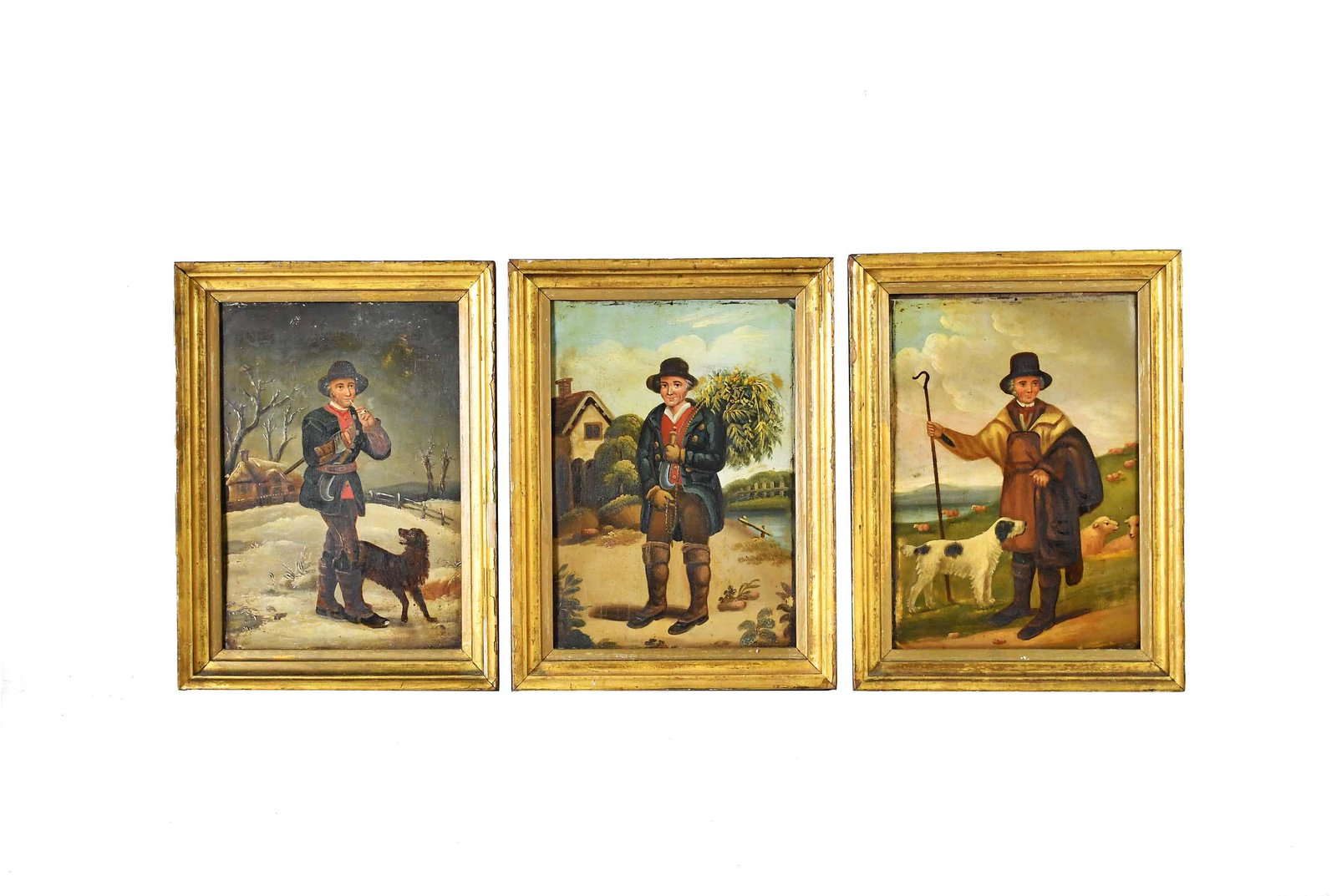 CONTINENTAL SCHOOL (19TH CENTURY) THREE PAINTINGS: Each painting depicting Peasant Men in Seasons. Unsigned. Oil on metal panel. 13.75 x 9.25 inches. All in matching antique frames. Overall measures 16.50 x 12.50 inches. Frames have some losses and we