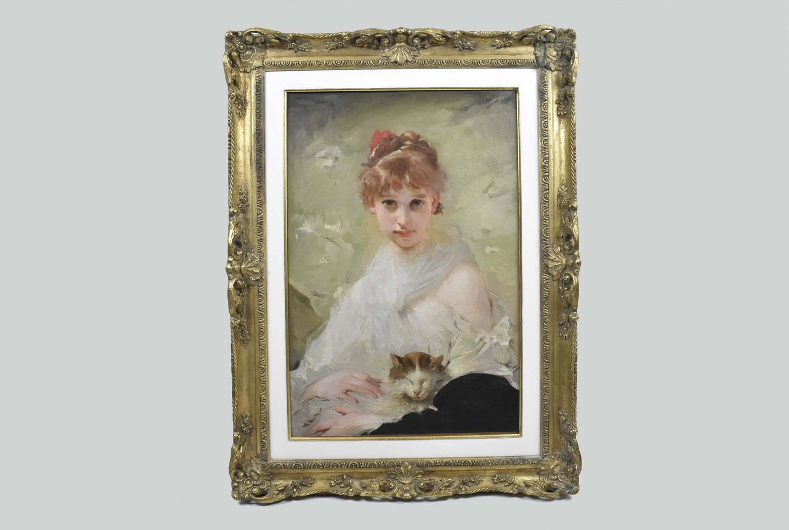 CHARLES J CHAPLIN (French. 1825-1891) PAINTING: Attributed to My Favorite Cat. Unsigned. Oil on Canvas. Measuring 31.75 x 21.25. Rococo style gesso cast frame. Overall measures 40.75 x 30.25 in. (Cond: scattered crazing)
