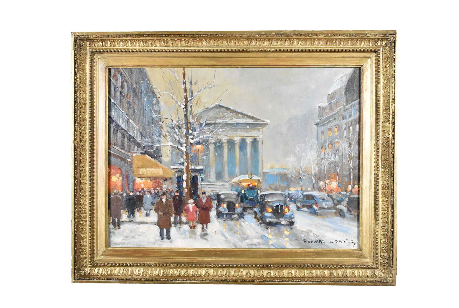 MANNER OF EDOUARD CORTES (FRENCH. 1882-1969) PAINTING: Parisian Boulevard in Winter. Signed lower right. Oil on Canvas. 13 x 18 inches. Framed. Overall measures 17.50 x 22.50 inches.