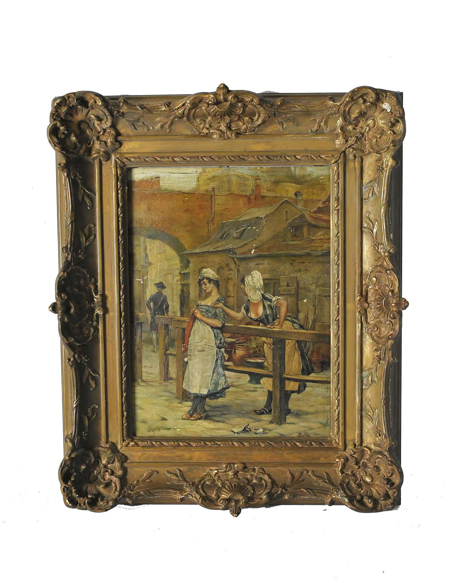 FRENCH SCHOOL (19TH CENTURY) PAINTING: Genre Scene depicting Two Maids Conversing. Signed E. Dupont lower left. Oil on Panel. 15.75 x 11.50. Has some chips to paint. Could use cleaning. Antique rococo style frame. Overall measures 23.50 x 