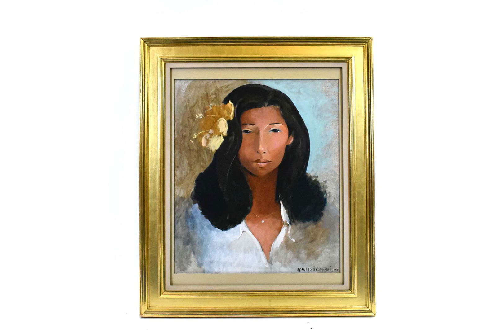 BERNARD SEJOURNE (HAITIAN. 1947-1994) PAINTING: Portrait of a Young Lady. Signed and dated '77 lower right. Oil on Masonite. 32.75 x 27.75 inches. Gilded Frame. Overall measures 46.50 x 39 inches.