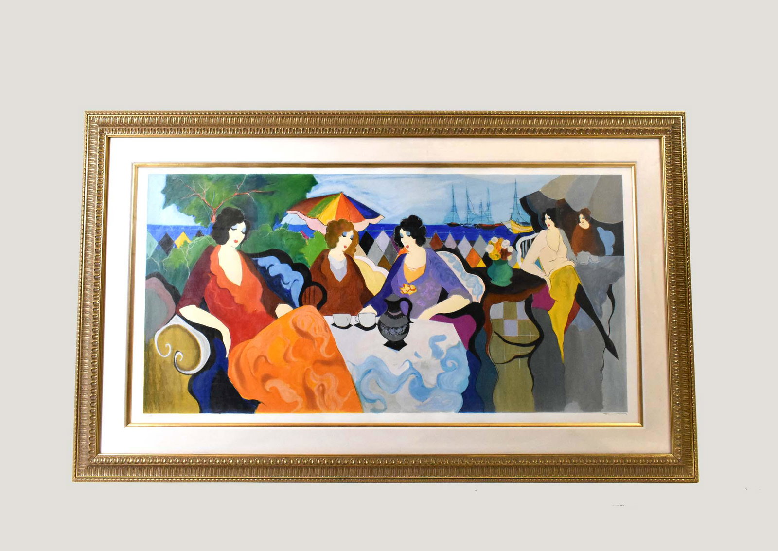 ITZCHAK TARKAY (SERBIAN. 1935-2012) HUGE LITHO: Elegant Ladies on a Coast with Boats. Signed and numbered 176/375. Serigraph. Image measures 26 x 52 inches. Gallery Molded Gold Frame behind plexiglas. Good Condition.