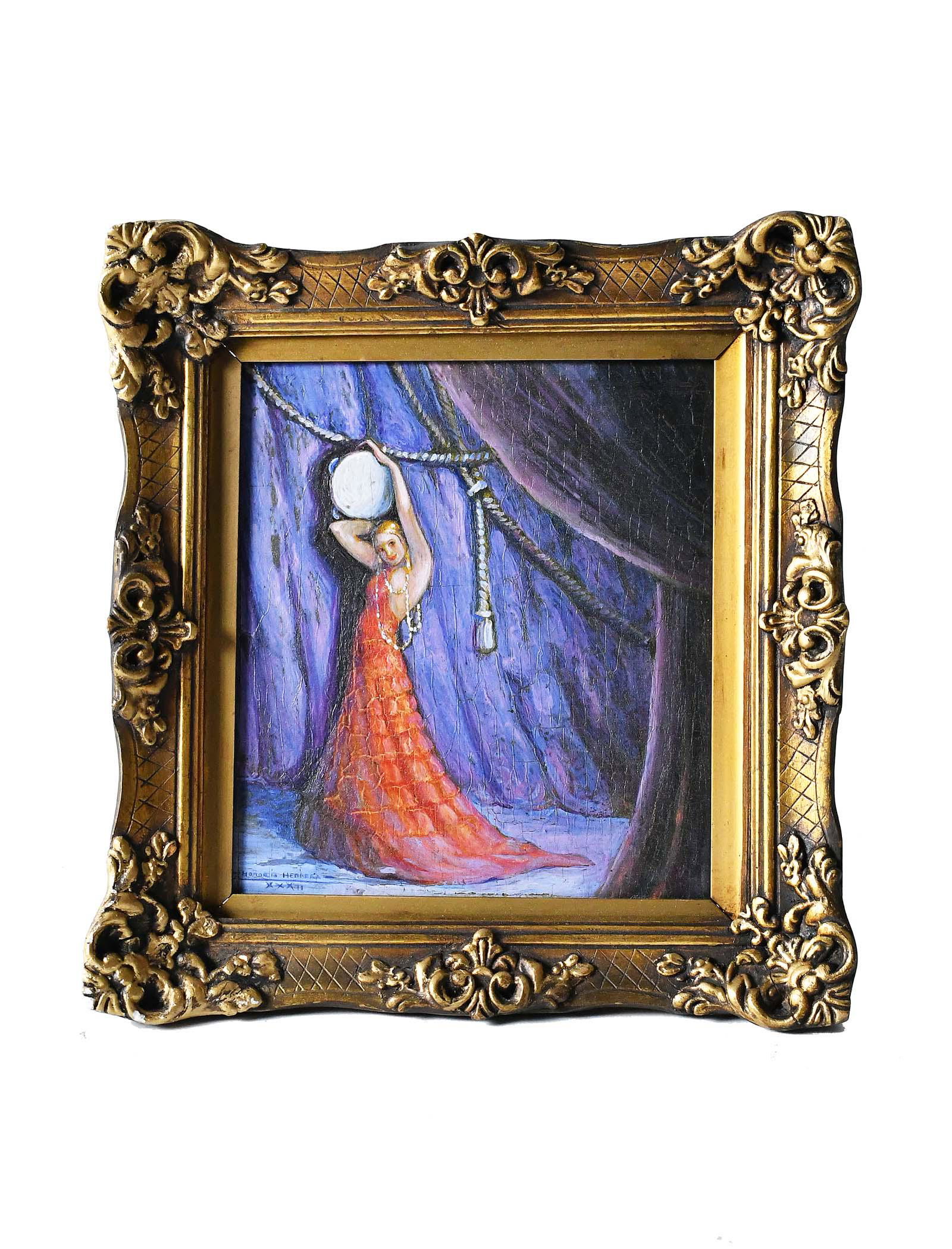 HONORIO HERRERA (SPANISH. 20TH CENTURY) PAINTING: Tambourine Dancer. Signed and dated 1932 lower right. Oil on Panel. 8.50 x 7.50. Antique Frame. Overall measures 11.50 x 11 inches. Scattered crazing with old varnish.