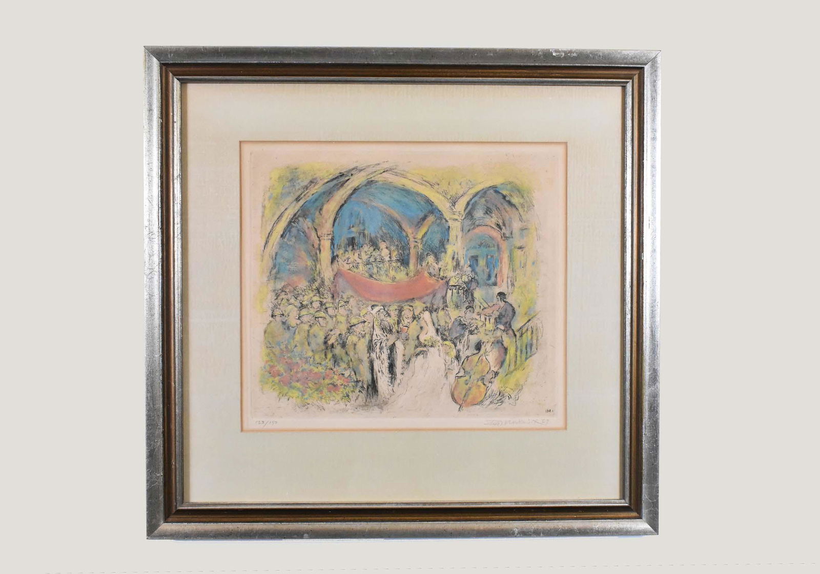 IRA MOSKOWITZ (POLISH. 1912-2001) COLOR ETCHING: Jewish Wedding. Signed and numbered 127/250 in the plate and monogrammed in the image. Etching with Aquatint. Image measures 11.75 x 13.50 inches. Has margins. Framed behind glass. Overall measures 21