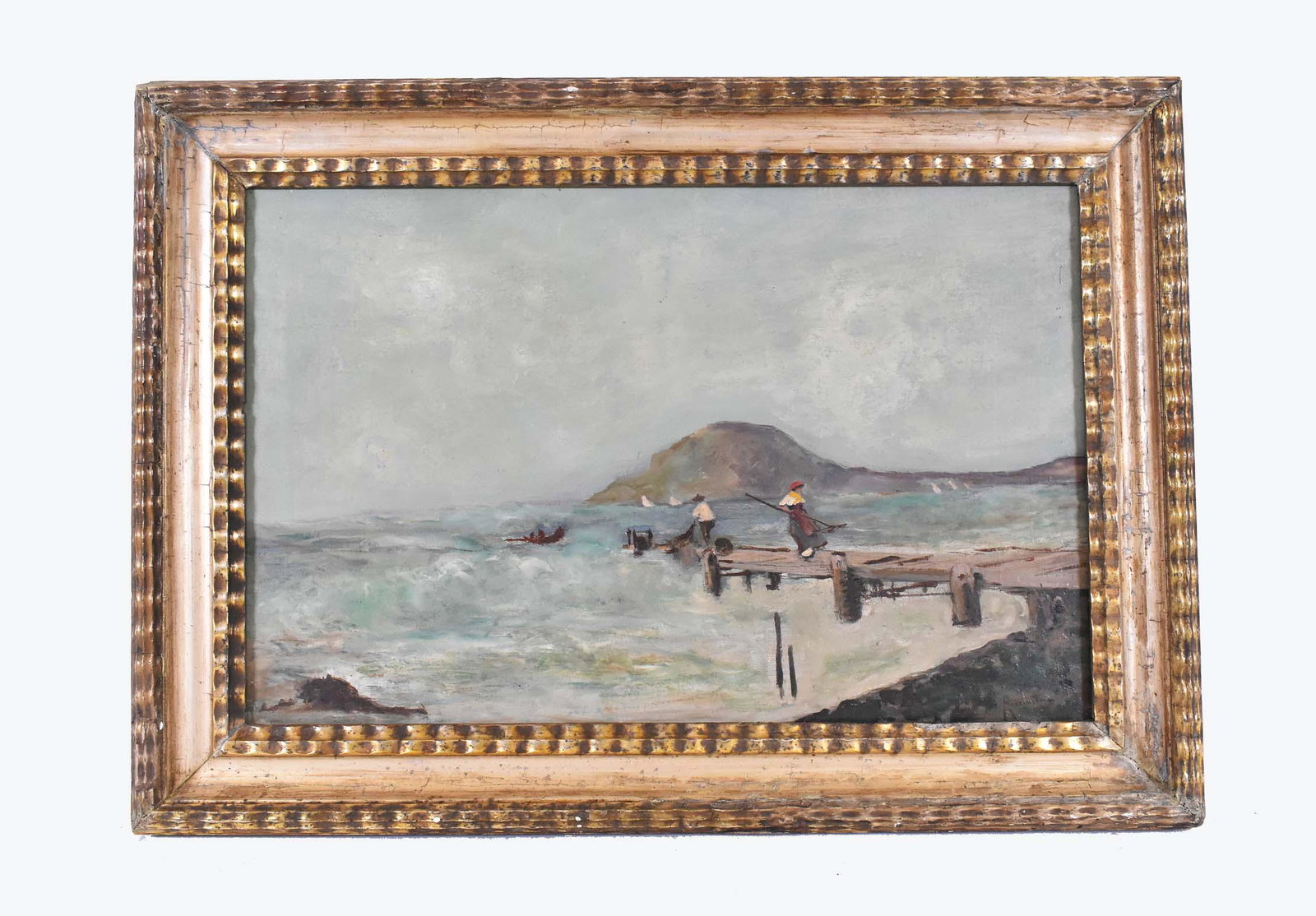 OSCAR RICCIARDI, (ITALIAN, 1864-1935): Seascape with Figures on a Pier. Signed, Oscar Ricciardi, l/r. Oil on Canvas. Measuring 15 by 29 in., overall in a gilt wood frame 19.5 by 28 in.