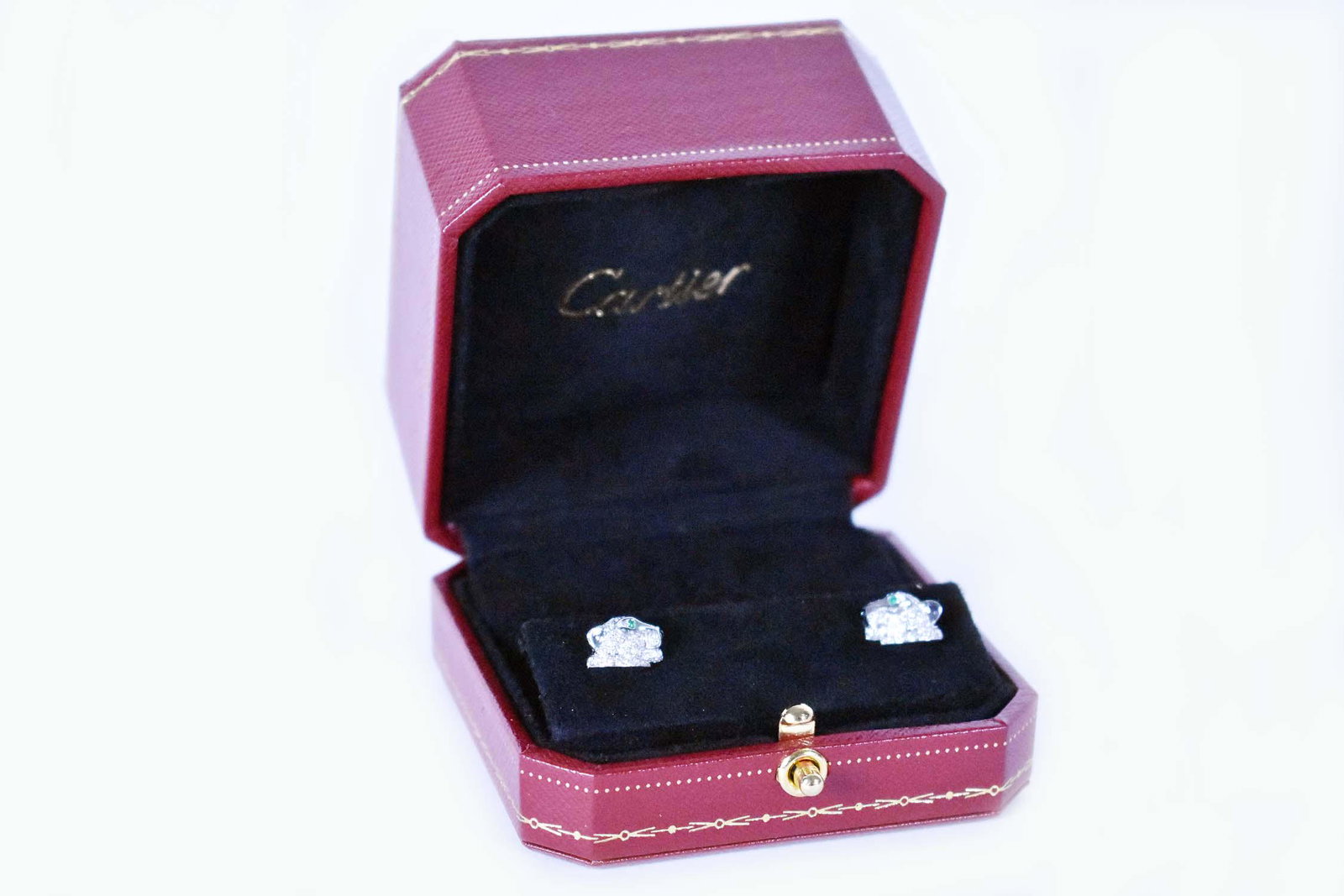 CARTIER PR OF DIAMOND & WHITE GOLD PANTHER EARRINGS: Signed Cartier AU 750 N6706217. Set with faceted diamonds, and an emerald eye.