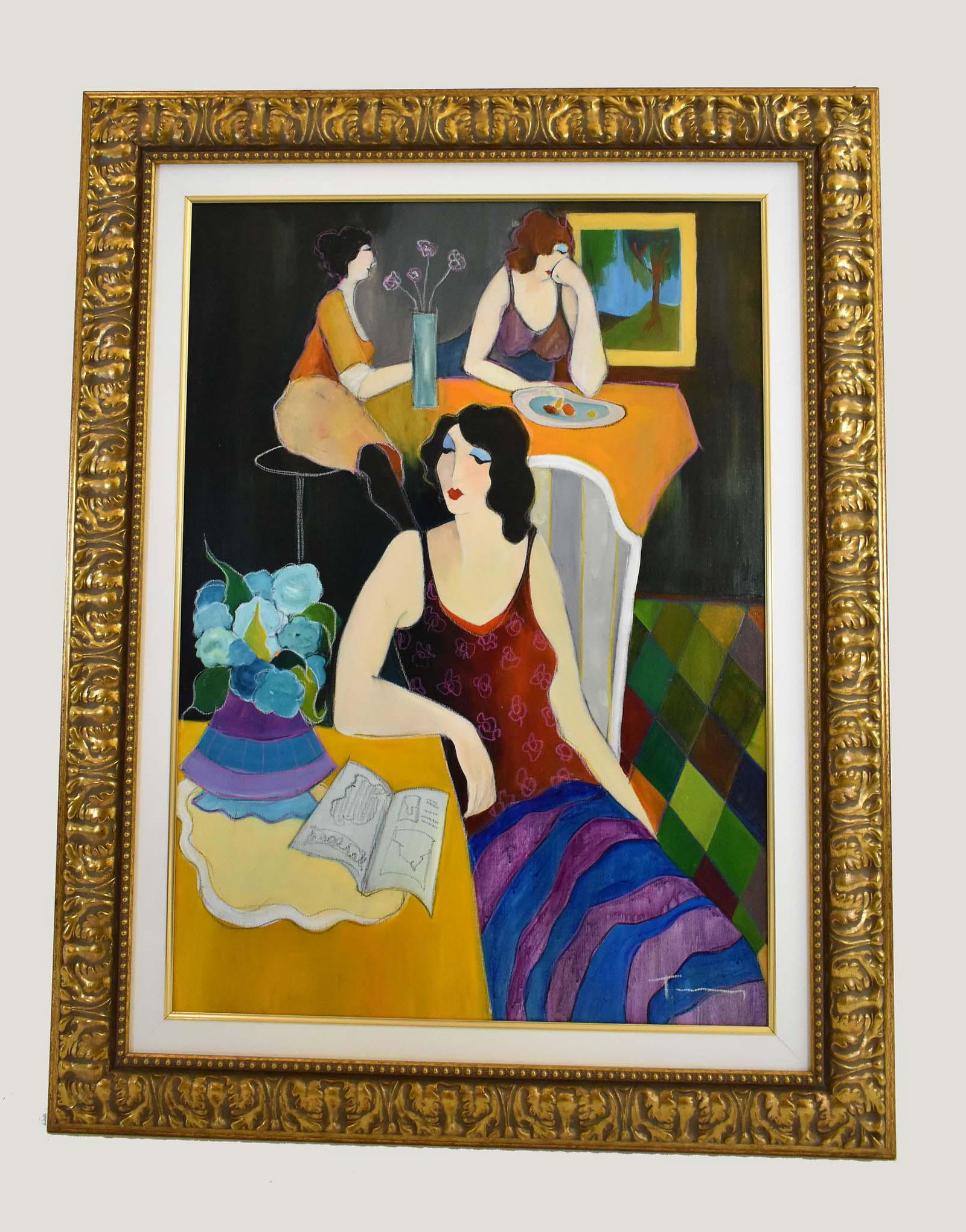 ITZCHAK TARKAY (Israeli. 1935-2012) Painting: A Thought Filled Moment. Signed l/r. Acrylic on Canvas. Measuring 34.5 by 25 in., overall framed 46 by 36 in. Provenance: Wentworth Gallery, Ltd., Inc., Miami