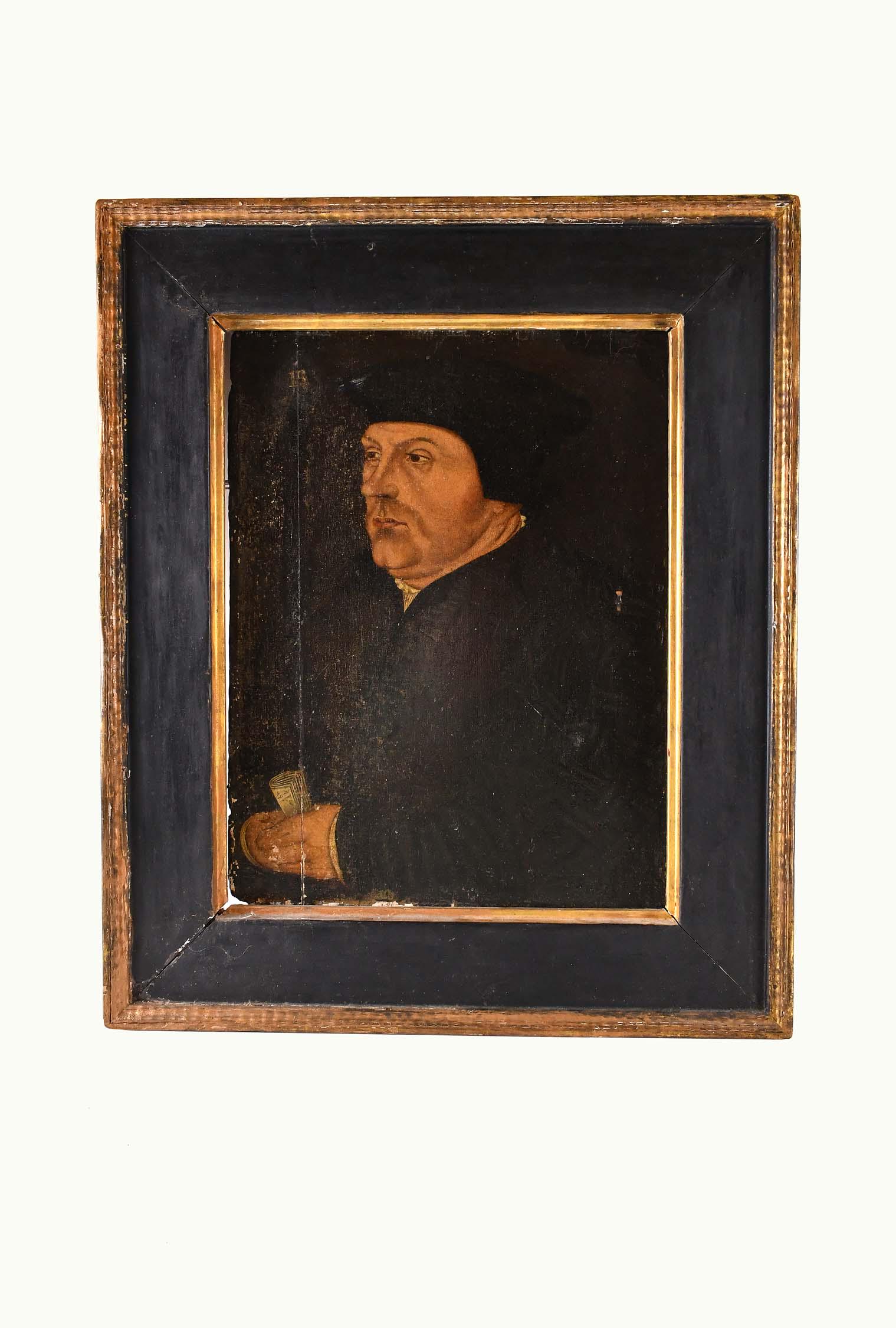 FLEMISH SCHOOL (16th Century) PAINTING: Portrait of a Gentleman. Inscribed, possibly signed, on the hand-held pages, monogramed u/l. Oil on Panel. Measuring 21 by 16 in., in a parcel gilt ebonized frame, 28.5 by 24. (Cond: panel split, worm