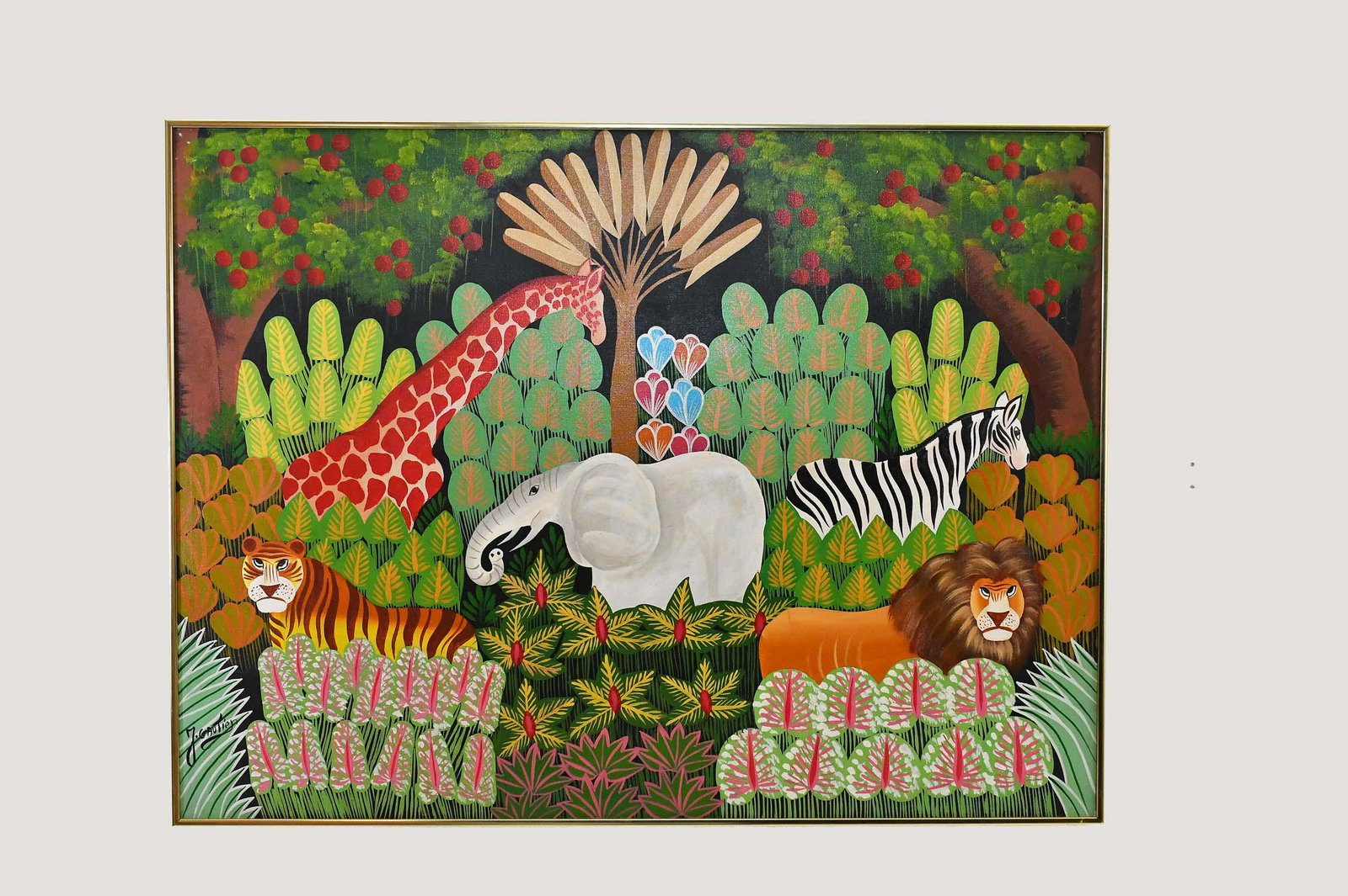 JOEL GAUTHIER (Haitian. b. 1955) Painting: Wildlife Menagerie Amidst Fruited Trees. Signed l/l. Oil on Canvas. Measuring 30 by 40 in.