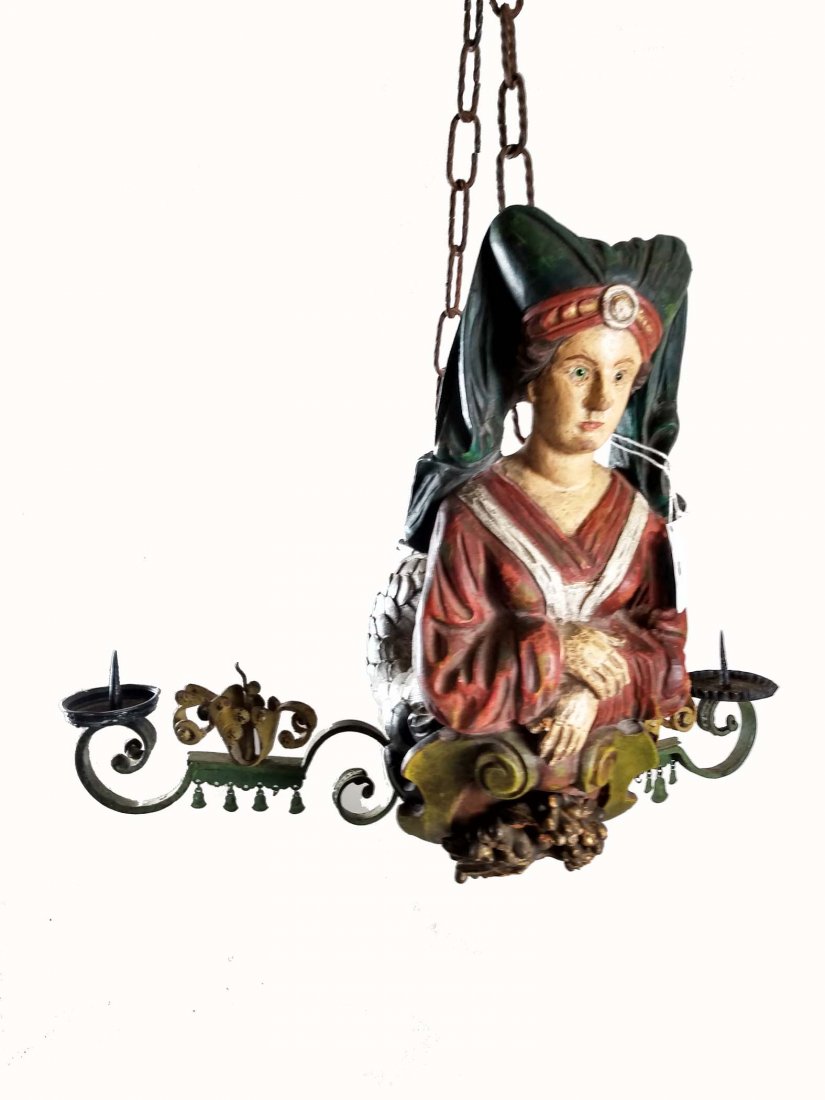 RENAISSANCE STYLE PAINTED WOOD CHANDELIER: 20th Century. Depicting a mermaid in Renaissance attire, terminating in a silvered fish tail with scales. Height 17 in. Width 18 in.