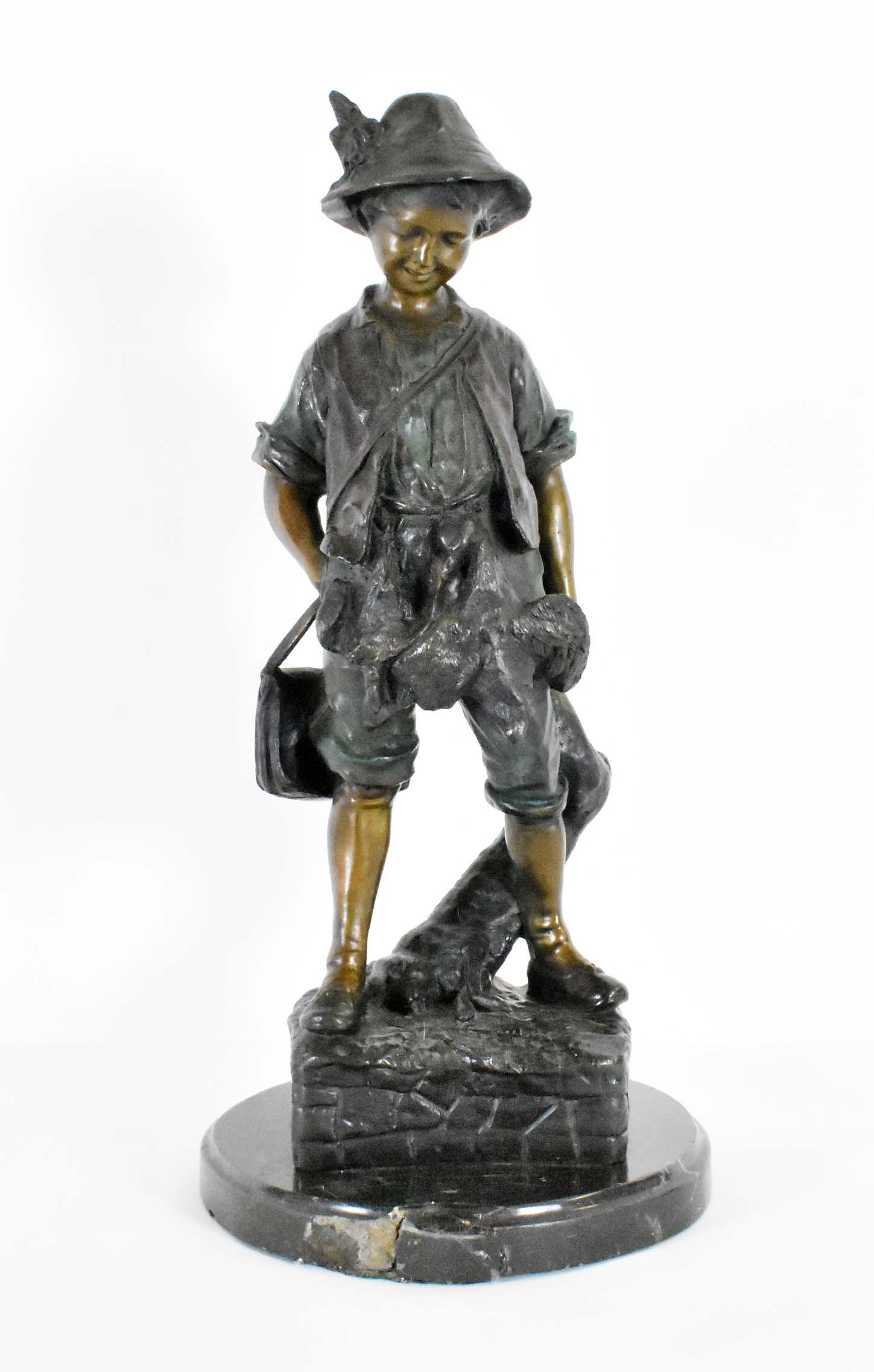 CONTINENTAL PATINATED BRONZE OF AN ALPINE BOY: Modern. Inscribed Haubner, in a Tyrol costume. Height 29 in.