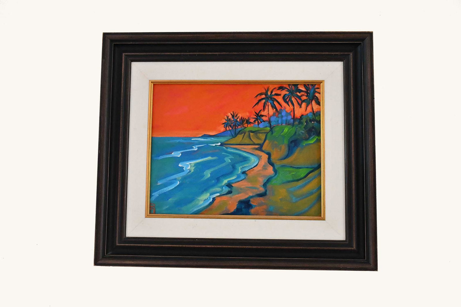 EVE ASPINWALL (American. b. 1951): Beach with Red Sky, Viegas, P.R., 2007. Signed, titled and dated on the reverse. Initialed l/l. Oil on Canvas. Measuring 11 by 14 in., overall 18 by 21 in.