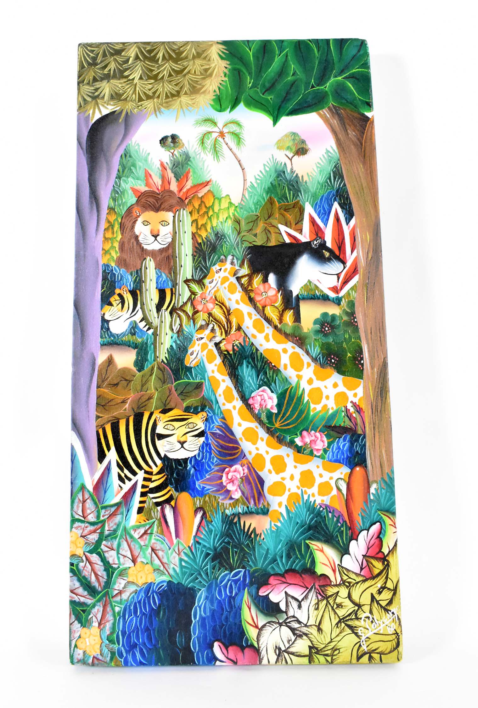 JEROME POLYCARPE (Haitian. b. 1950): Wildlife Menagerie in a Lush Jungle, 1980. Signed, dated l/r. Oil on Canvas. Measuring 24 by 12 in.