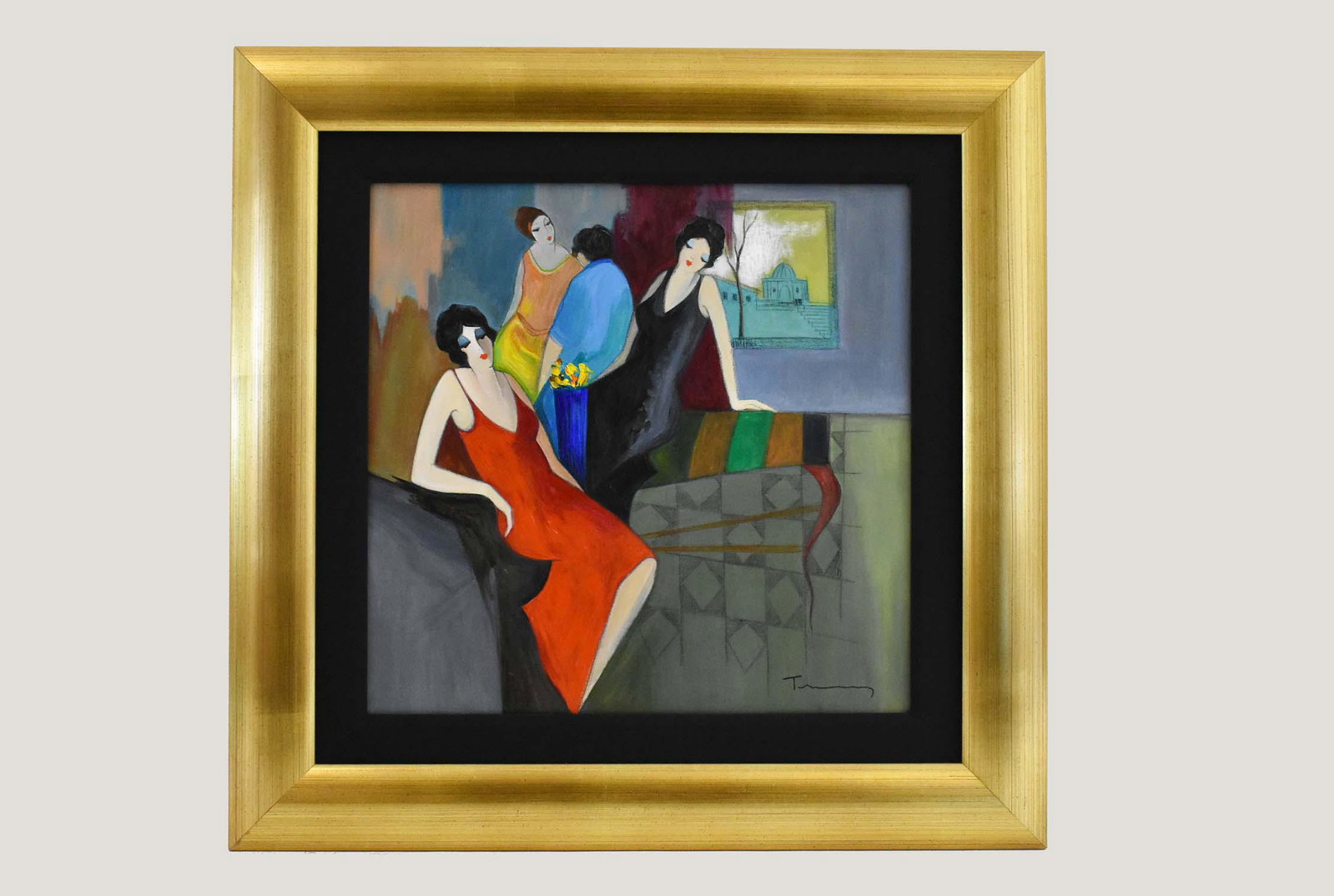ITZCHAK TARKAY (Israeli. 1935-2012) Painting: Ladies Sur Divan. Signed l/r. Acrylic on Canvas. Measuring 19 by 19 in., in a gilt wood frame 29 by 29 in. Provenance: Wentworth Gallery, Ltd., Inc., Miami