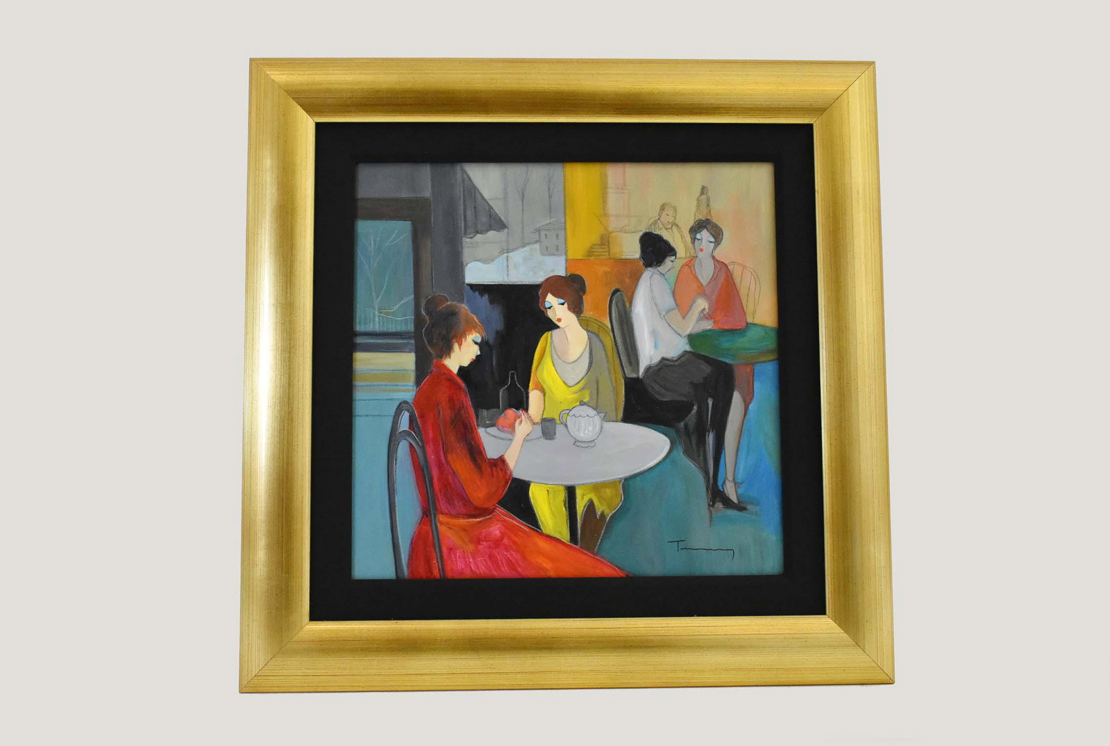 ITZCHAK TARKAY (Israeli. 1935-2012) Painting: CafÃ© Ladies. Signed l/r. Acrylic on Canvas. Measuring 19 by 19 in., in a gilt wood frame 29 by 29 in. Provenance: Wentworth Gallery, Ltd., Inc., Miami