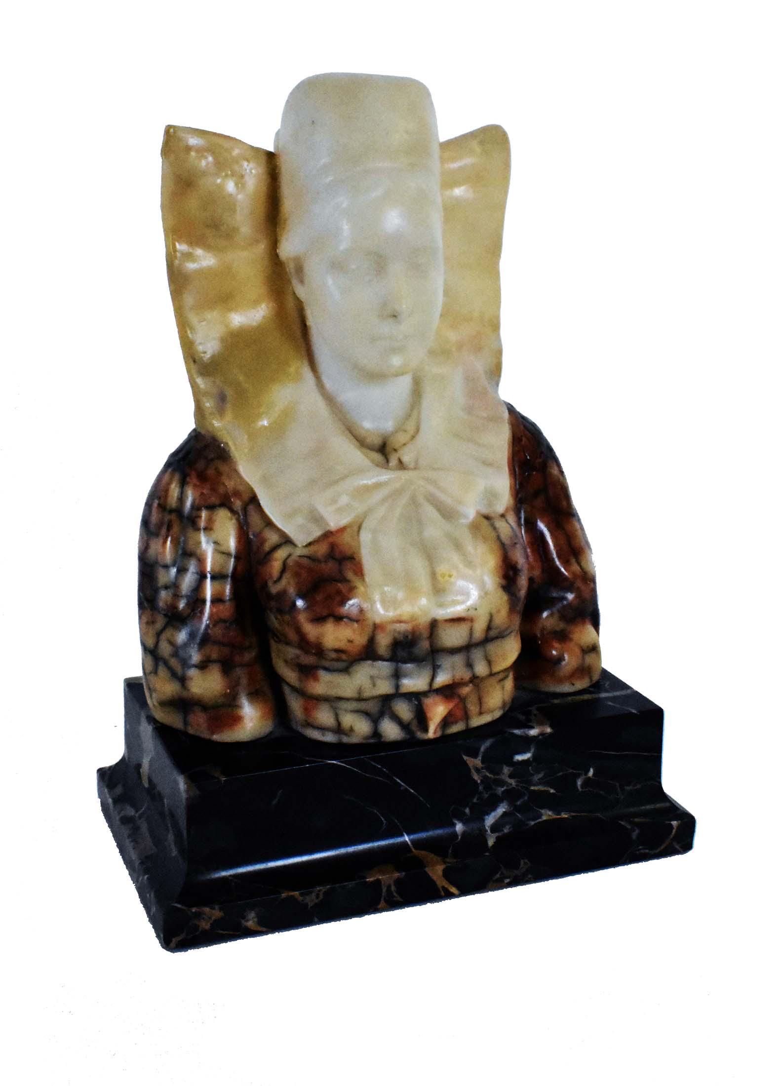 GERMAN ALABASTER BUST OF A MAIDEN: The marble signed indistinctly on the reverse, also set with a medal medallion for a patent. The three-quarter bust depicting a young maiden wearing a hat and with a high collar, on a portico marble b