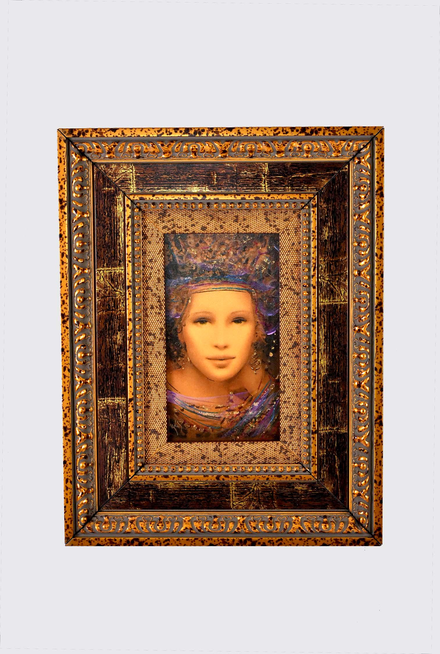 CSABA MARKUS (Hungarian/American. b. 1953): Untitled (Portrait of a Woman). Signed in gilt, numbered 6/500. Mixed Media (digital image, printed on wood, with acrylic and gold leaf) The reverse with personalized signed inscription, dated 2006. M