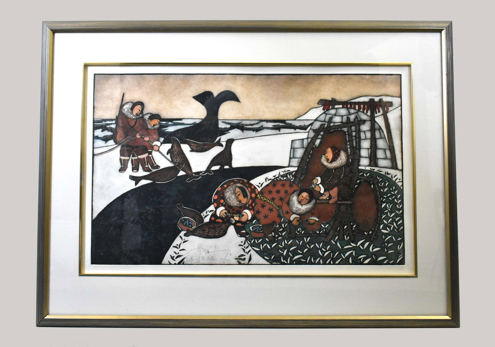 HUONG HUONG (VIETNAMESE/AMER. b.1950) THREE PRINTS: Life of the Eskimo. Signed and numbered 12/300. Color Lithograph. Sight measures 24.75 X 39 inches. Framed behind glass. Overall measures 36.50 x 49.50 inches. Women and Goose. Signed and numbered 48/