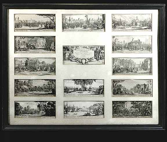 17th Century Engravings by Jacques Callot: 17th Century Engravings by Jacques Callot French (1592-1635) 13 Engravings From the Series "Les Miseres Et Les mal-Heurs de la Guerre" With Cover Plate. Dated 1633. Very Good Condition. Each Measures