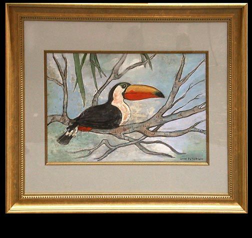 Jane Peterson Toucan Gouache: Jane Philipp Peterson (American, 1876-1975),"Toucan", gouache on paper, signed lower right, sight measures 13 1/2 inches x 20 1/2 inches, Framed. Condition-good with some light fading. We will not shi