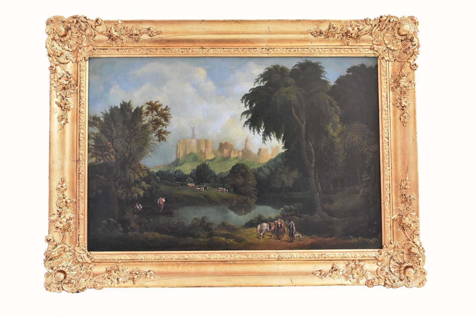 EUROPEAN SCHOOL (19th Century): Travelers in a Wooded Landscape, Cows Grazing and Gothic Ruins in the Distance. Appears unsigned. Oil on Canvas. Measuring 18 by 26 in., overall in a gilt frame 24 by 33.5 in. (Cond: relined, slightly