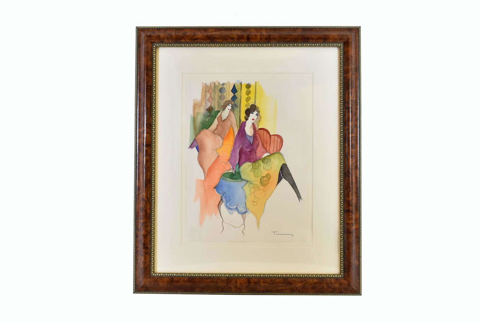 ITZCHAK TARKAY (Israeli. 1935-2012): Two Women seated in a Boudoir. Signed l/r. Watercolor on Paper. Measuring 16 by 12 in., matted, framed, 27.5 by 23 in.