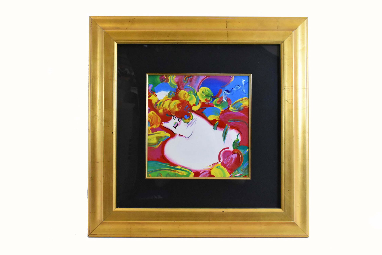 PETER MAX (German/American. b. 1937): Flower Blossom Lady. Signed u/r. Acrylic on Board. Site 10.25 by 10.25 in., overall in a gilt frame 23 by 23 in. Provenance: Wentworth Gallery, Ltd., Inc., Miami