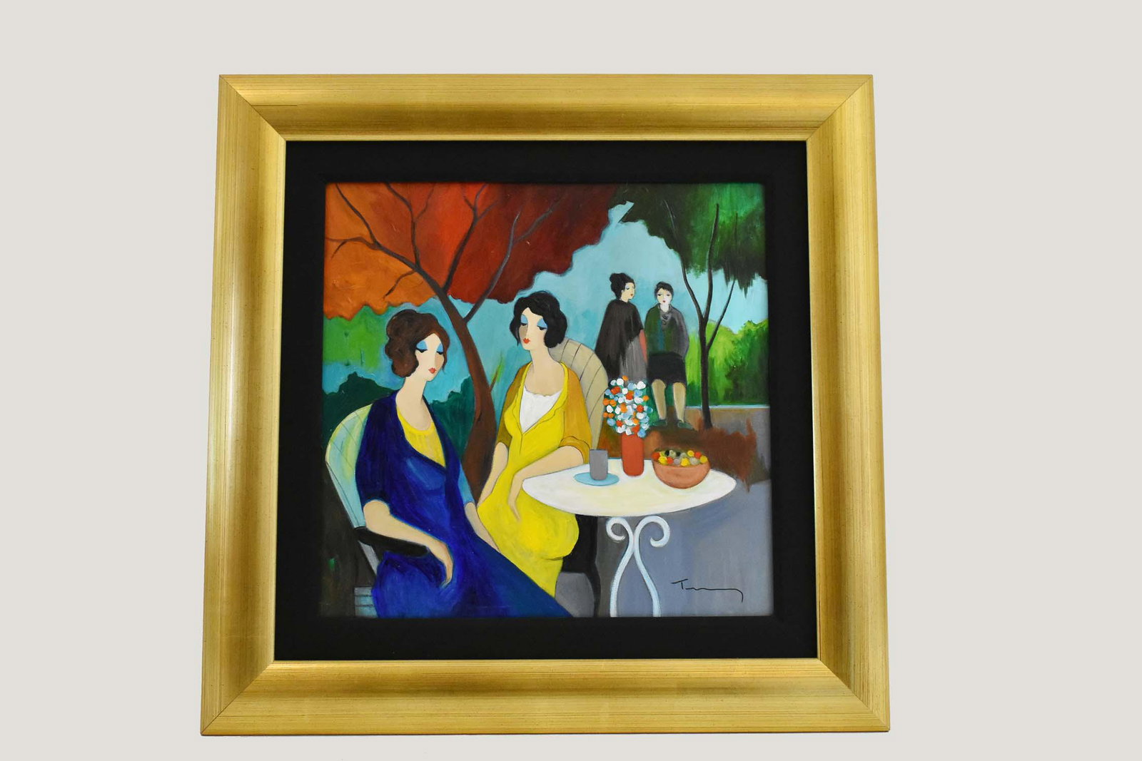 ITZCHAK TARKAY (Israeli. 1935-2012) PAINTING: Ladies Lunching at an Outdoor CafÃ©. Signed l/r. Acrylic on Canvas. Measuring 19 by 19 in., in a gilt wood frame 29 by 29 in. Provenance: Wentworth Gallery, Ltd., Inc., Miami