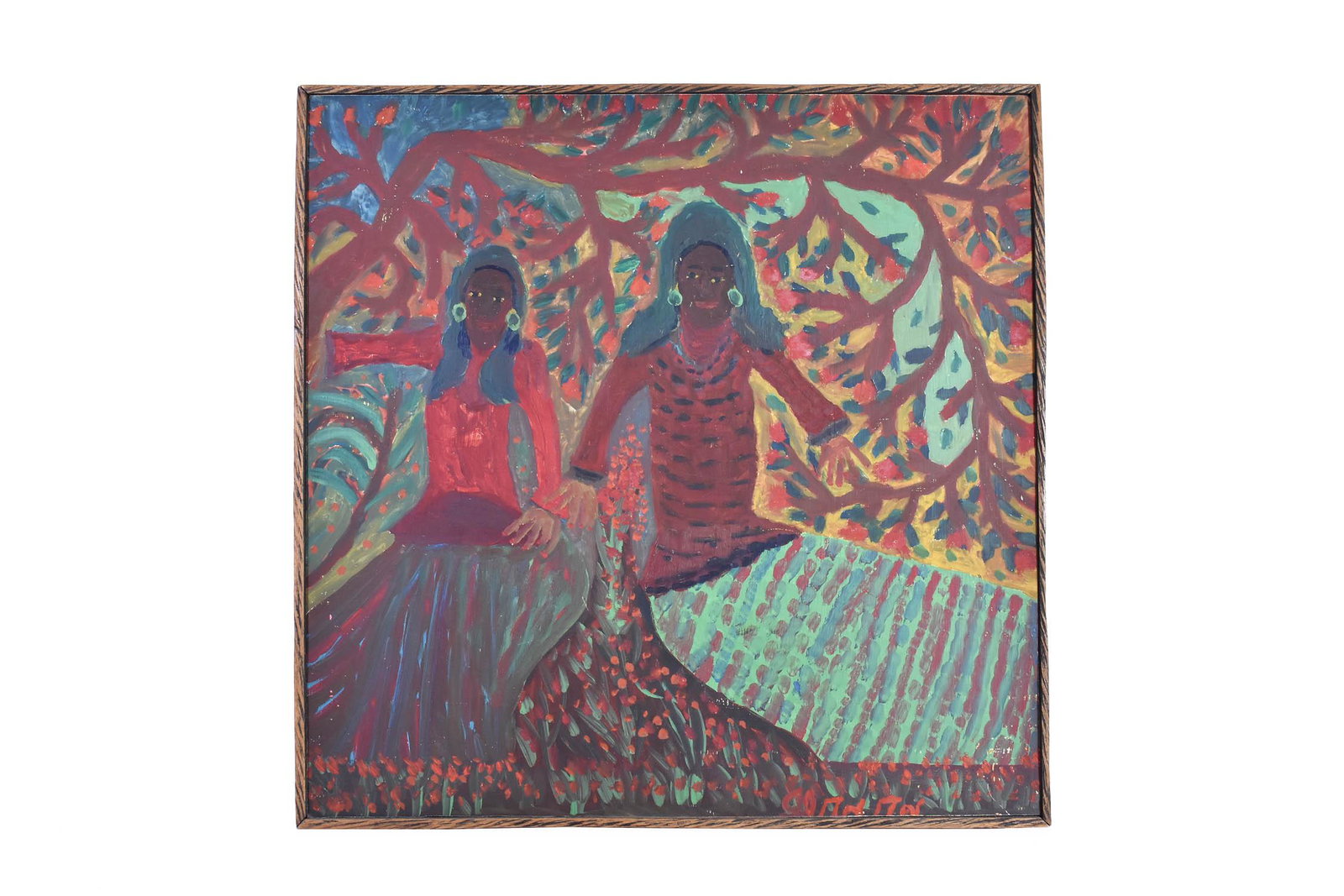 GERARD (FORTUNE) (Haitian. Petionville. b. 1933): Two Female Figures Before a Tree. Signed Gerard l/r, the stretcher numbered ISS-132. Oil on Board. Measuring 33.5 by 24 in., in a wood frame.