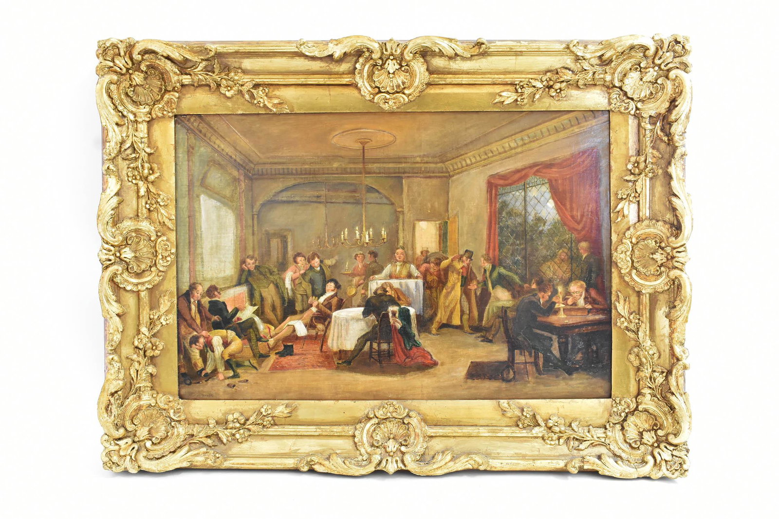 ENGLISH SCHOOL (19th Century): Club for Gentlemen, Bearing a signature W. P. Firth l/l. Oil on Canvas. Measuring 20 by 30 i, in a period re-gilt 19th Century rococo frame 28 by 38 in. Property of a Cuban/American Gentleman, Key Bis