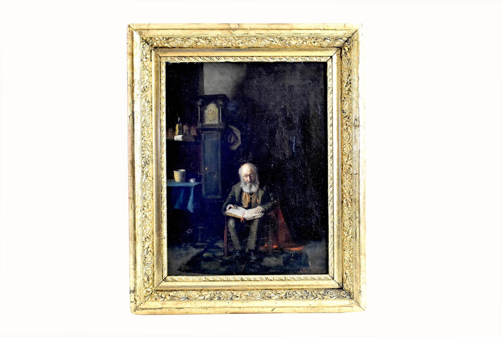 EUROPEAN SCHOOL (19th Century): Domestic Interior with Elderly Gentleman Seated Before a Tall Case Clock. Signed F.B. Clark, (?) dated 1870 (?) l/l. Oil on Canvas. Measuring 17 by 13 in., overall, in a later gilt period frame, 12 by