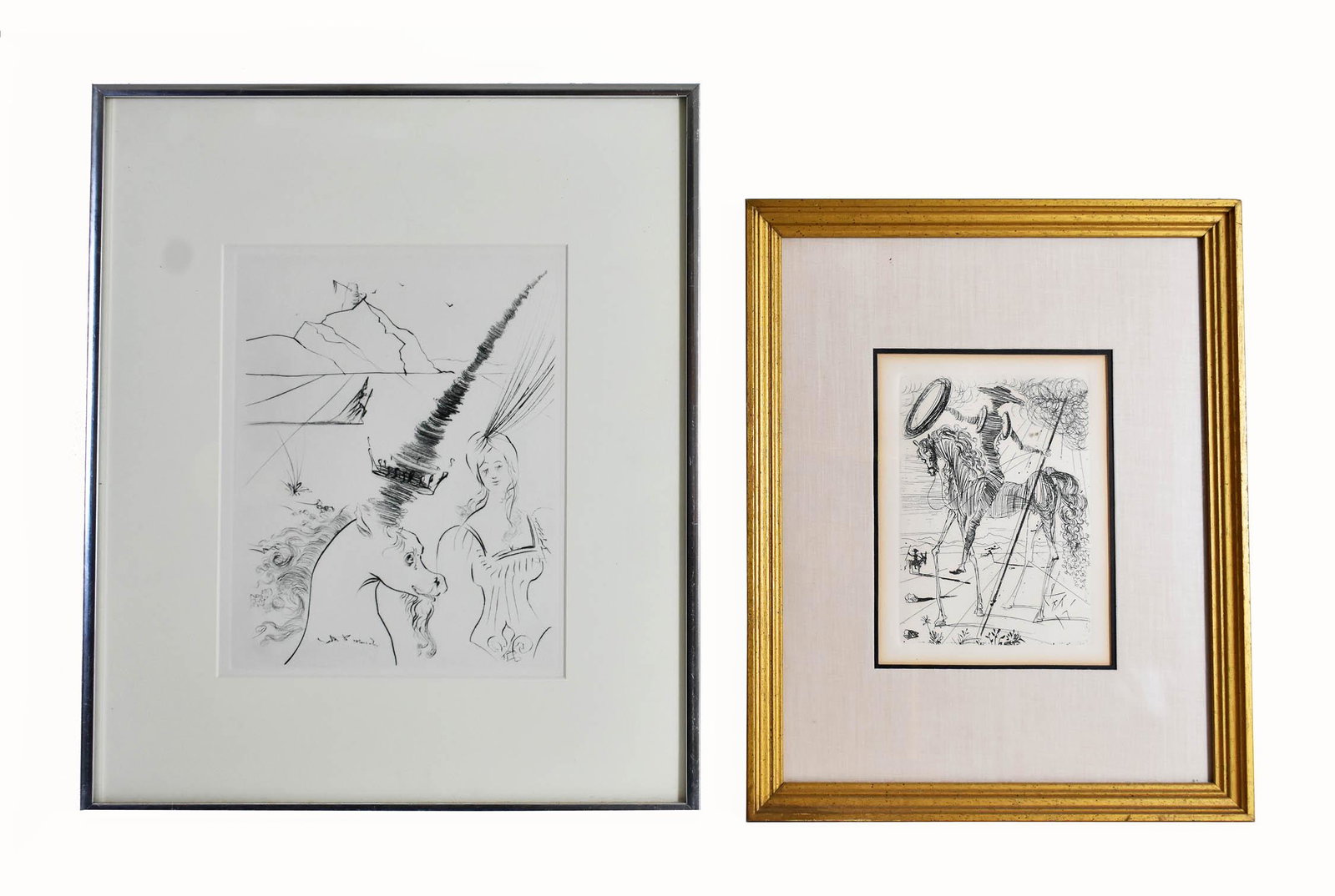 SALVADOR DALI (Spanish. 1904-1989): Two Works: Don Quixote and The Lady and the Unicorn. The first, an etching, signed in the plate, Collectors Guild Ltd., edition. The second, an intaglio, signed in the plate. First measuring 6.75 by 4