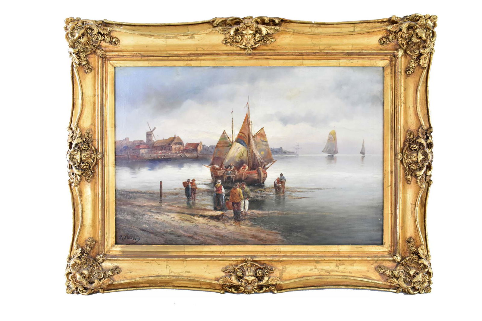 DUTCH SCHOOL (19th Century): Fisherman Returning with Their Catch. Signed signed L.Obrist l/l. (?) Oil on Canvas. Measuring 20 by 30.5 in., overall 30 by 40 in. (Cond: relined)
