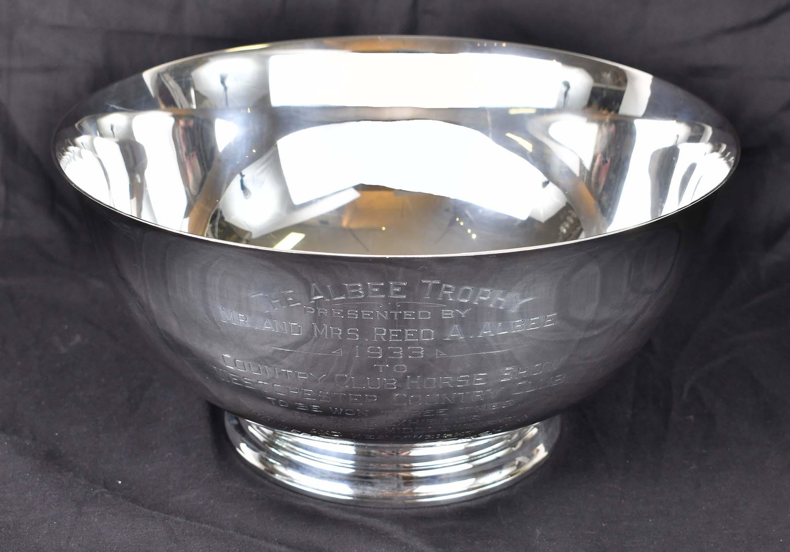 THE ALBEE TROPHY STERLING HORSE RACING AWARD: American, dated 1938. Marked on the underside, circular and variously inscribed; The Albee Trophy / Presented by Mr. & Mrs. Reed A. Albee / 1933 to Country Club Horse Show / Westchester Country Club /