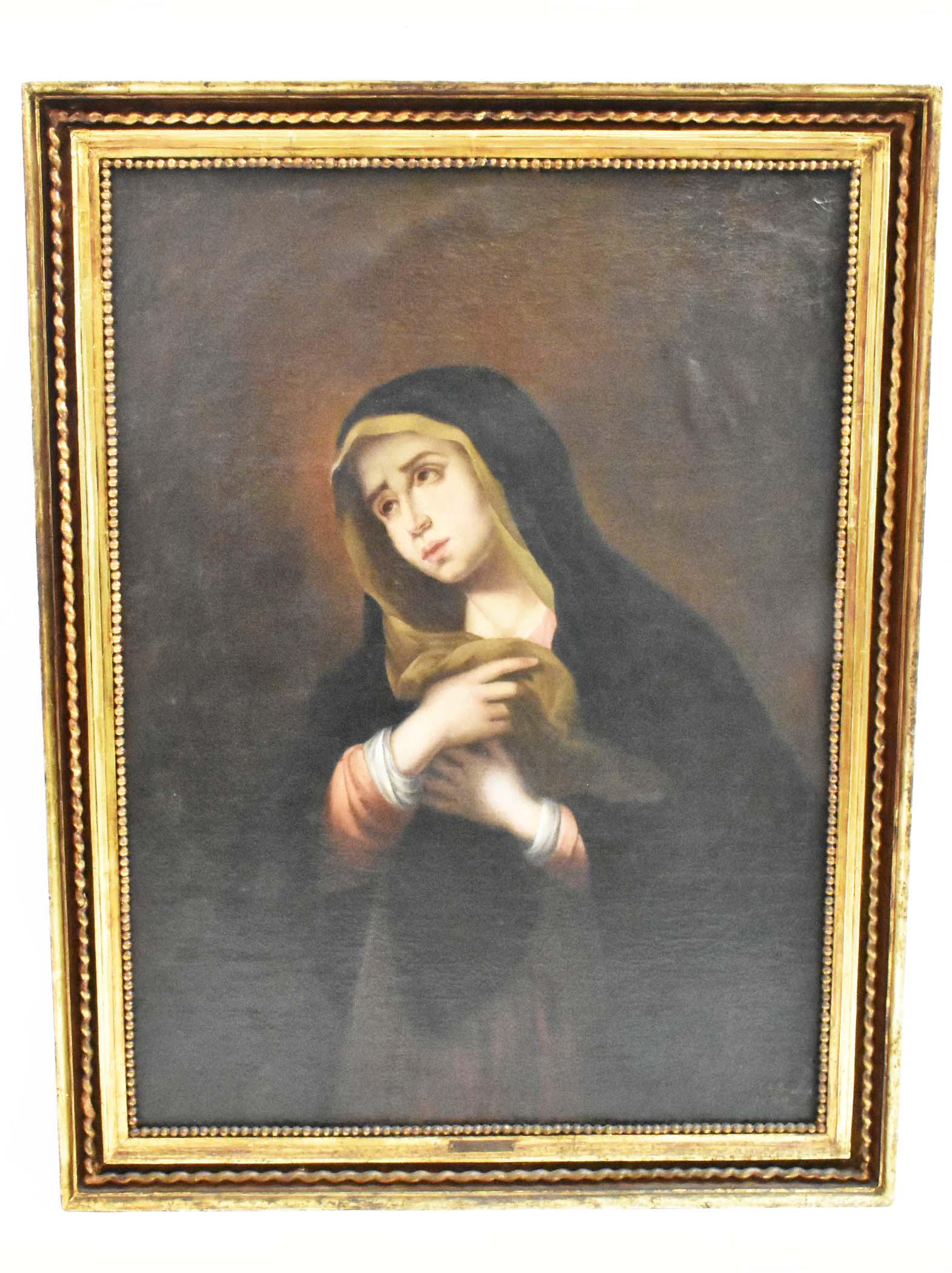JOSE MARIA ESCACENA (Spanish, 19th Century): Sorrowful Virgin Mary. Signed J.M. Escacena, 1878 (?) l/r indistinctly, Oil on Canvas. Measuring 44 by 33.5 in., overall in a gilt frame 49 by 37 in. (Cond: relined, paint loss in areas, inpainting, c