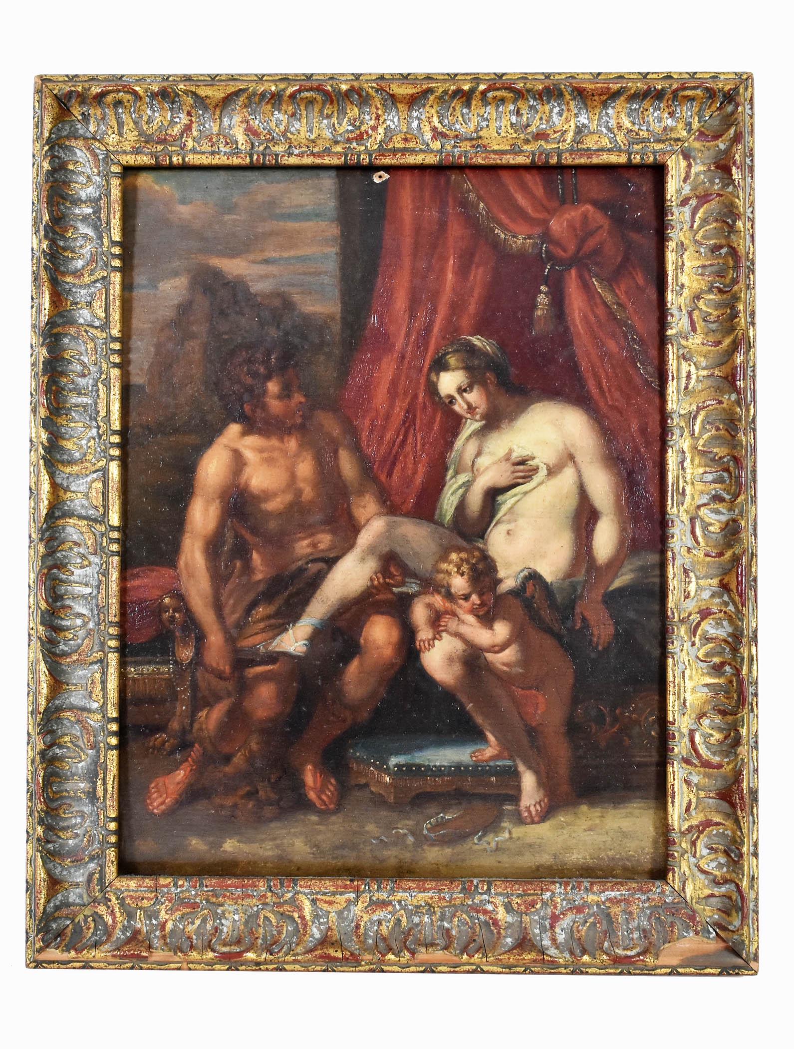 EUROPEAN SCHOOL (18th/19th Century): Mars and Venus. Unsigned. Oil on Board. Measuring 12.75 by 10 in., overall in a gilt wood frame 15 by 12.5 in. (Cond: refreshed overall, nail hole upper center, inpainting)