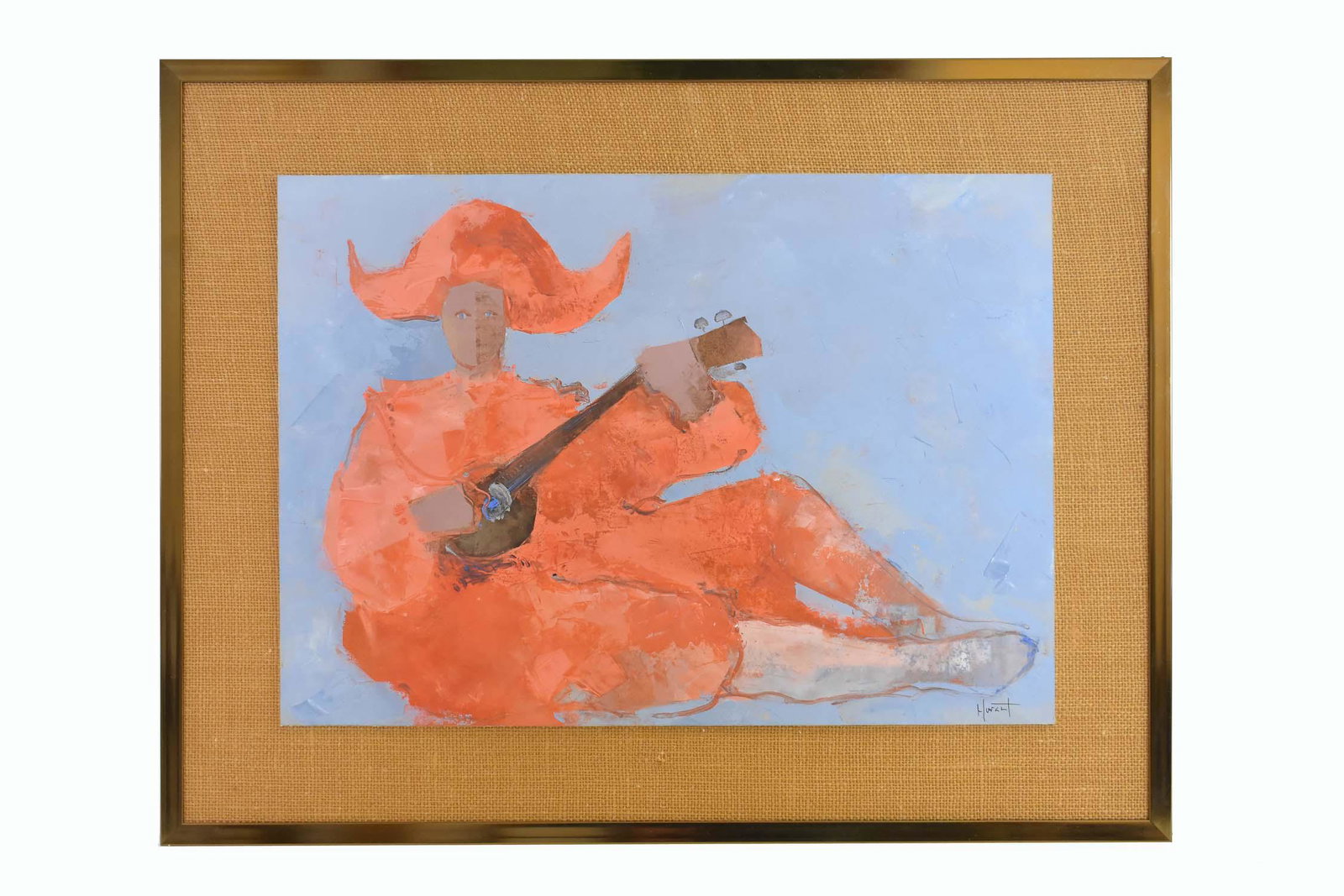 MODERNIST PAINTING (20th Century School): Seated Harlequin with Banjo. Signed indistinctly, Horant (?) Oil on Paper Mounted to Cardboard. Measuring 14.5 by 21 in., overall, on burlap w/copper coated frame 21 by 27 in.