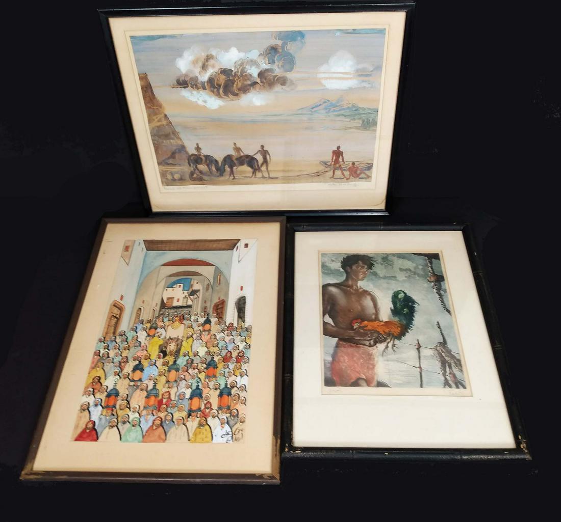 PORTER WOODRUFF (American. 20th Century): Figures with Horses on a Beach with Impending Storm. Signed l/r, titled l/l. Watercolor. Measuring 12 by 17 in., overall 17 by 21 in. Together with a watercolor of Muslims Converging onto a Holyplace,