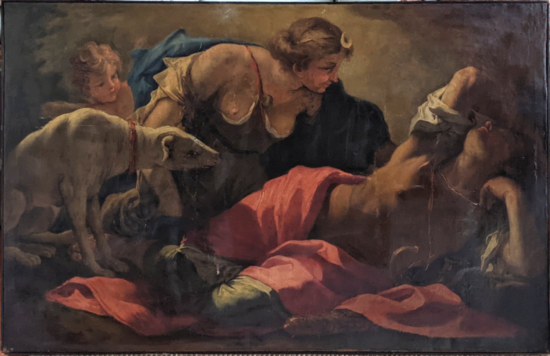 ITALIAN SCHOOL (19TH CENTURY) PAINTIING: Italian School (19th Century) DIANA AND ACTEON, appears unsigned, oil on canvas, overall, gilt wood frame 65 by 45 in. (Cond: restored, Ian numerous areas)
