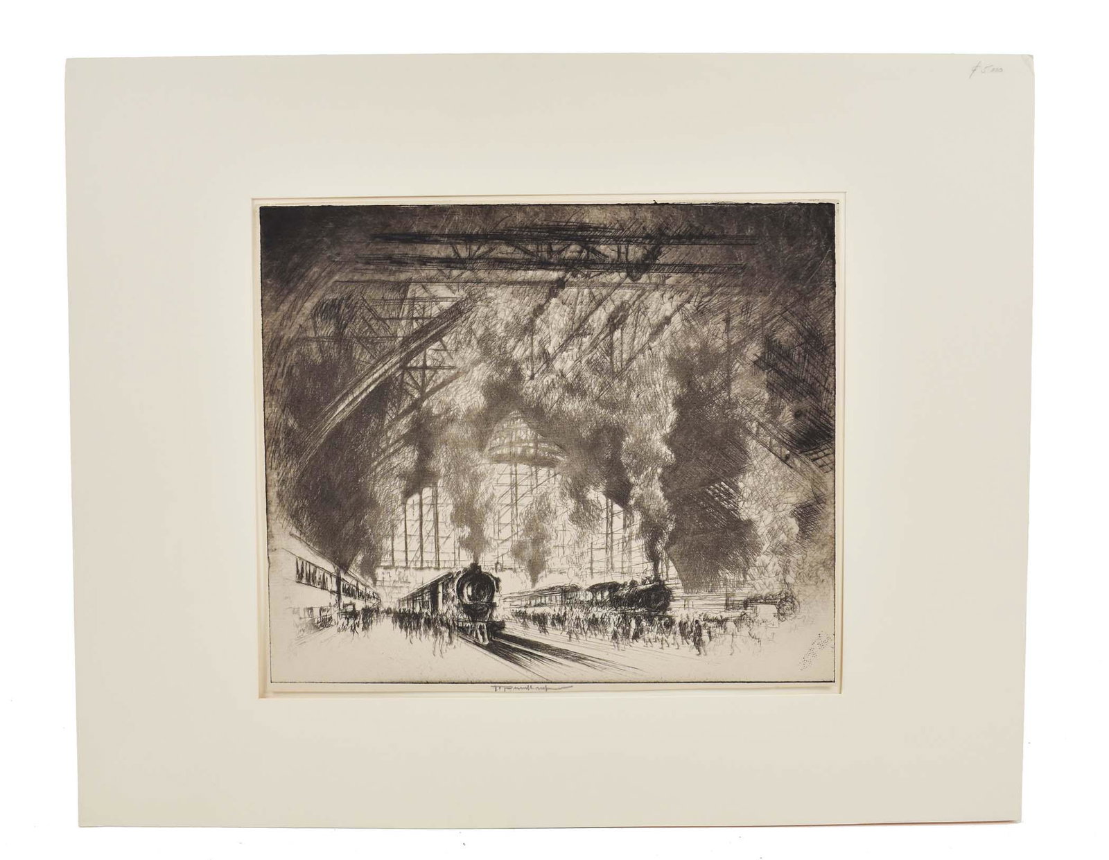 JOSEPH PENNELL (American. 1857-1926): The Trains That Come and the Trains That Go, Pennsylvania Railroad (Wuerth 712) Etching, 1919, signed and inscribed imp in pencil. Measuring 10 x 11.75 in. Trimmed with small margins. Loose and unfram