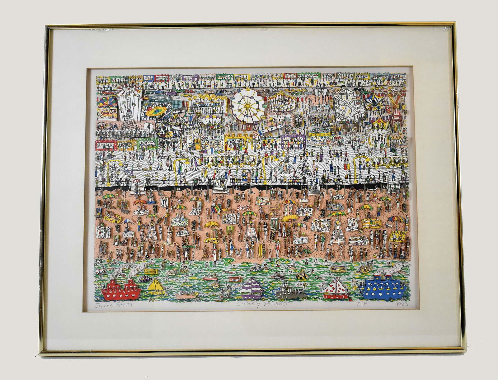 JAMES RIZZI (American. 1950-2011): Coney Island, 1983. Signed in pencil l/l, A/P 1983 l/r. Mixed Media, 3-D paper cut-out. Site 15 by 20.5 in., overall 20.5 by 26 in.