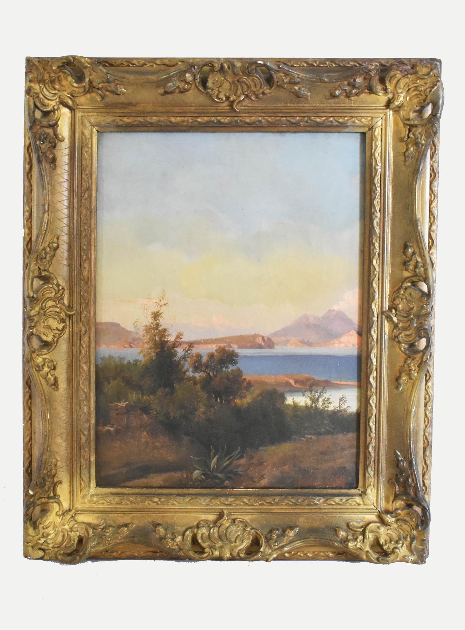 EUROPEAN/LATIN SCHOOL (19th Century): Vesuvius at Sunset. Unsigned. Oil on Canvas. Measuring 15 by 12 in.