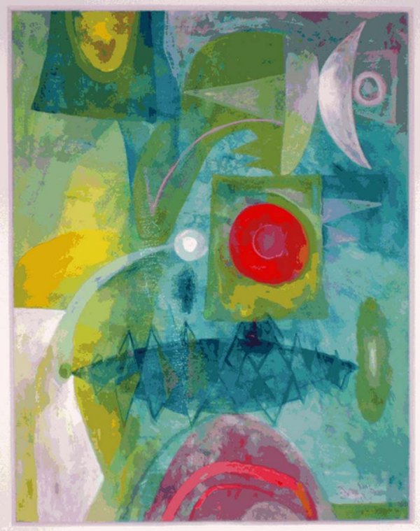 BYRON BROWNE (American. 1907-1961): BYRON BROWNE (American. 1907-1961) "Aegean Myth". Signed Byron Browne and dated 1954 l/r. Gouache. Measuring 26 1/4" by 20". (Cond: good, sheet taped on top and sides) (2000/3000)