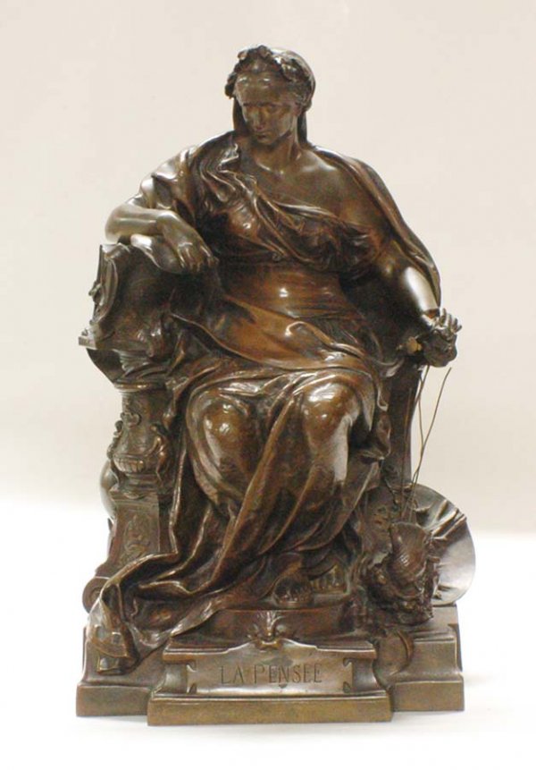 GUSTAVE FREDERIC MICHEL (French. 1851-1924): GUSTAVE FREDERIC MICHEL (French. 1851-1924) "La Pensee". Signed G. Michel, titled and with Susse Fres. Foundry marks. Bronze with Brown Patina. Height 13 1/2". (Cond: some harp strings loose) (800/120