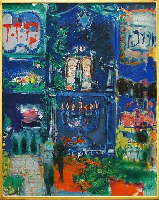 JACQUES KIKOINE YANKEL (French. Born 1920): JACQUES KIKOINE YANKEL (French. Born 1920) "Bible". Signed l/r Galerie. Oil on Canvas. Measuring 64" by 51". Gilded frame. (Cond: good) Provenance: Felix Vercel, N.Y. (1500/2000)