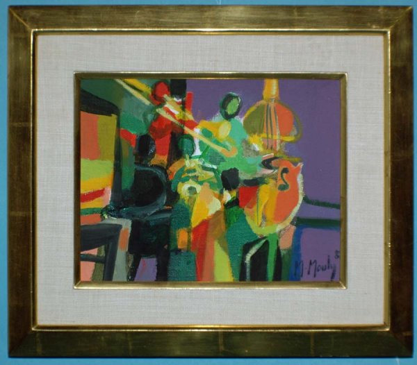 MARCEL MOULY (French. Born 1918): MARCEL MOULY (French. Born 1918) "La Contrebasse". Signed and dated 81 l/r. Oil on Canvas. Measuring 7 1/2" by 9 1/2". Gilded frame. (Cond: good) (4000/6000)