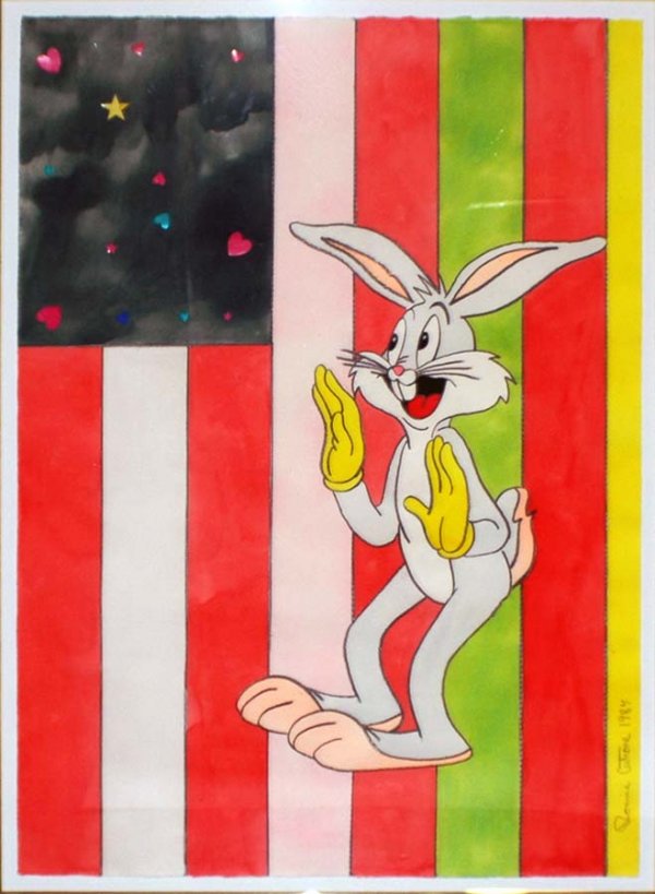 RONNIE CUTRONE (American. Born 1948): RONNIE CUTRONE (American. Born 1948) "Bugs Bunny with Flag". Signed and dated 1984 l/r. Mixed Media on Heavy Paper. Measuring 40 1/2" by 29". Framed. (2000/3000)