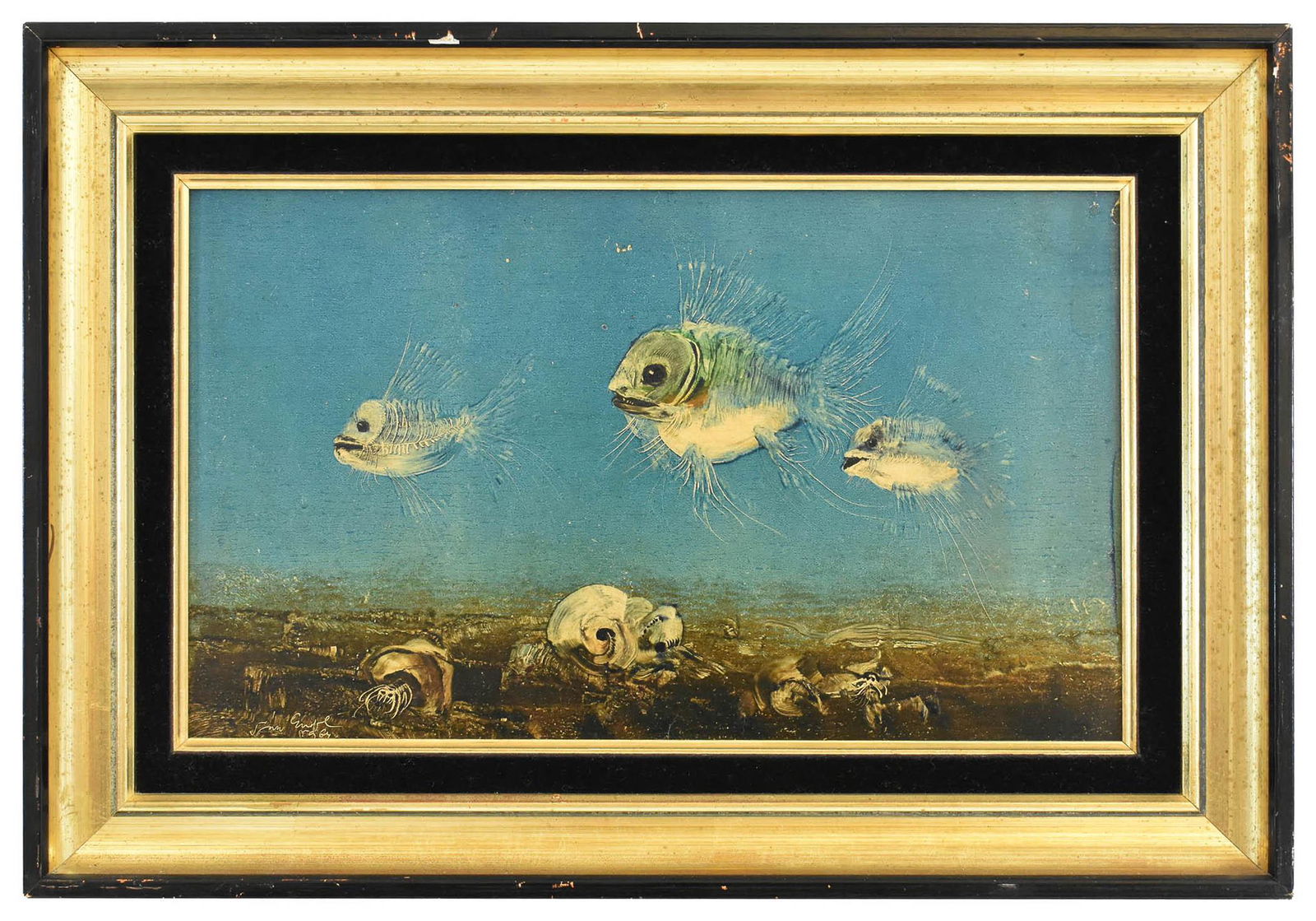 ENDRE SZASZ (Hungarian. 1926-2003): Untitled (Multiple Fish on the Sea Floor). Signed. Oil on Panel. 8.5 by 14 in., overall 11.75 by 17 in.